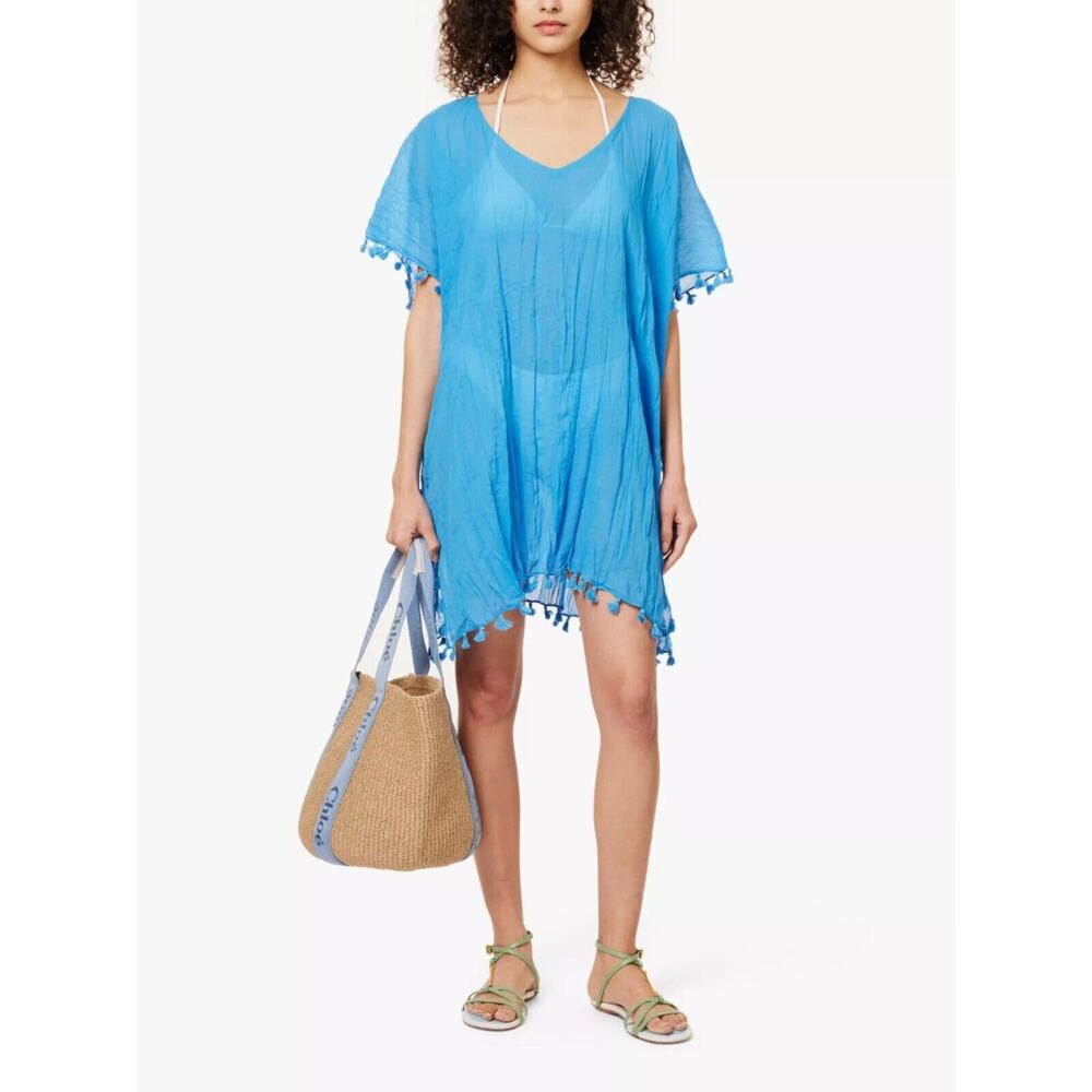 Seafolly Amnesia Kaftan Electric Blue Swim Cover Tassels Tunic Top One Size NWT*